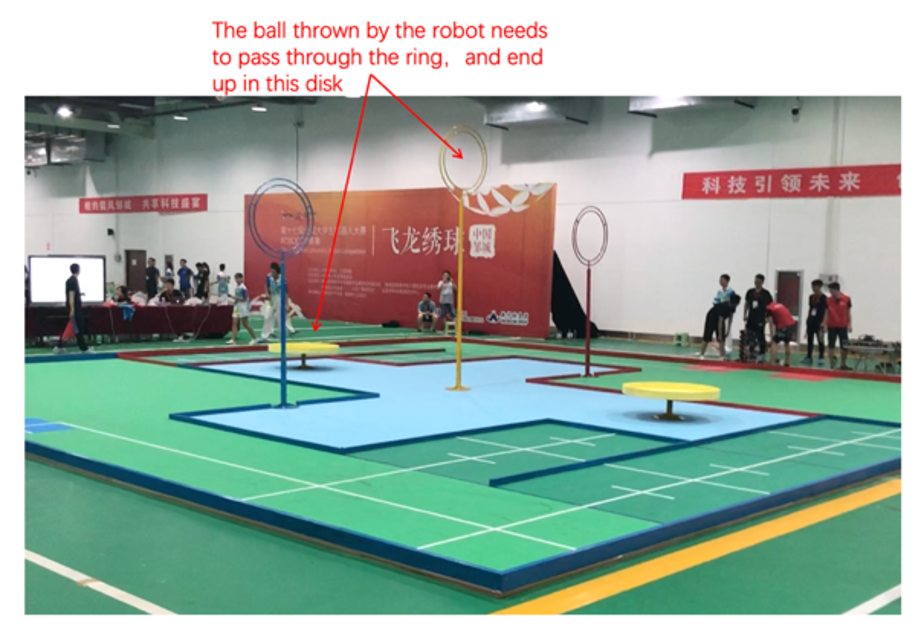 Competition arena with rings and target disk for frisbee throwing